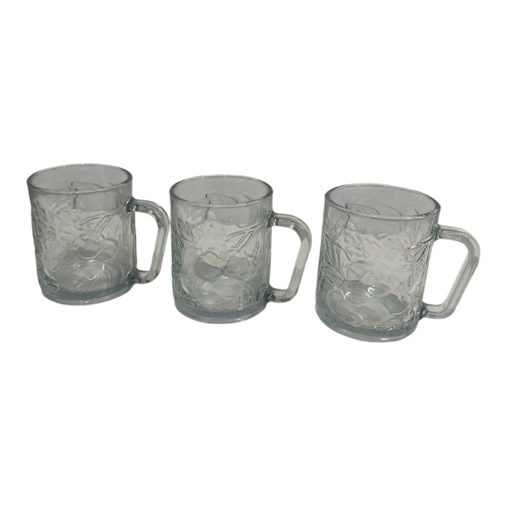 Vintage KIG Indonesia Grape Vine Clear Glass Mugs Set Of 3